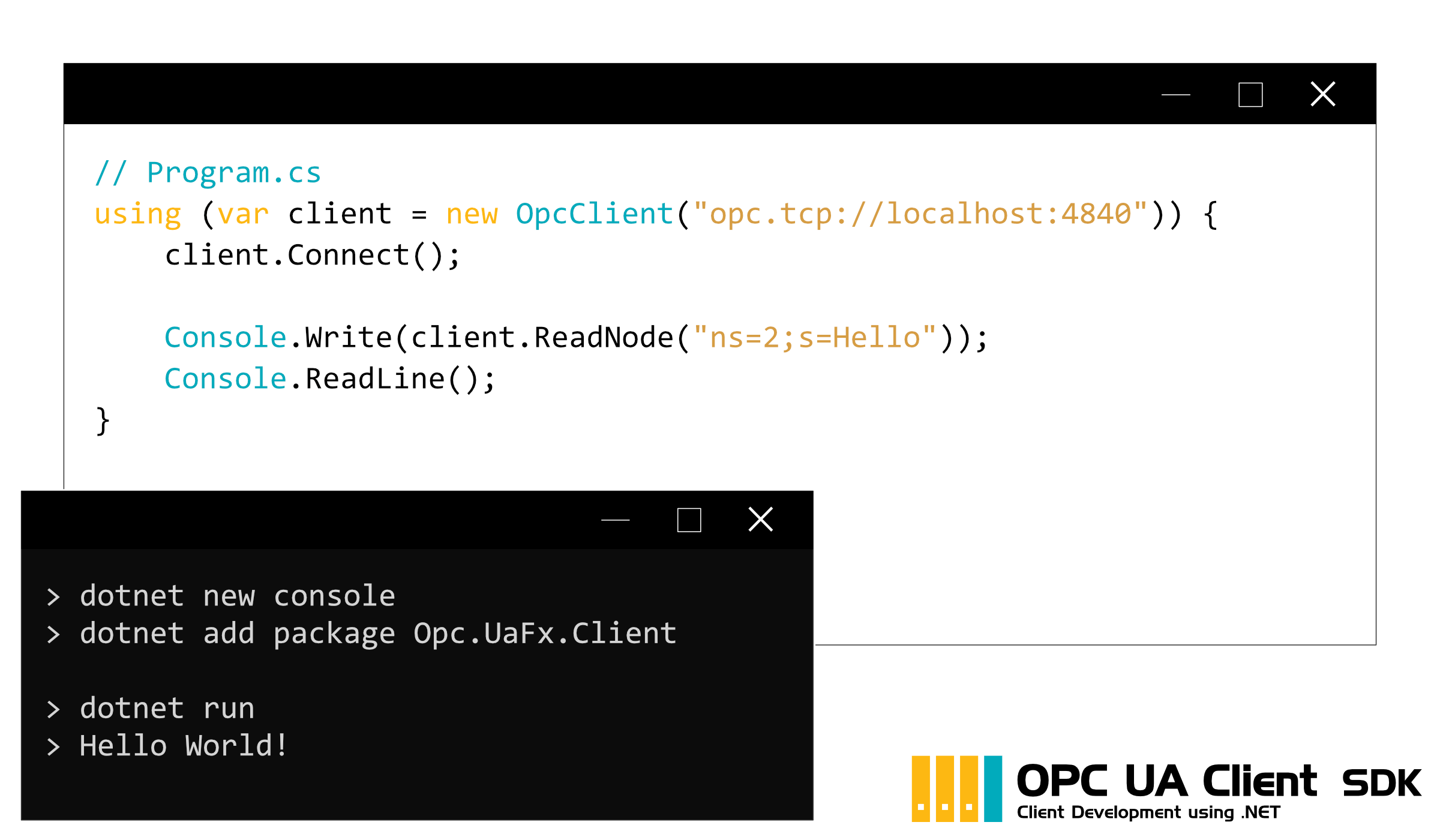 Code example for an OPC UA client that reads and outputs the values of a node.